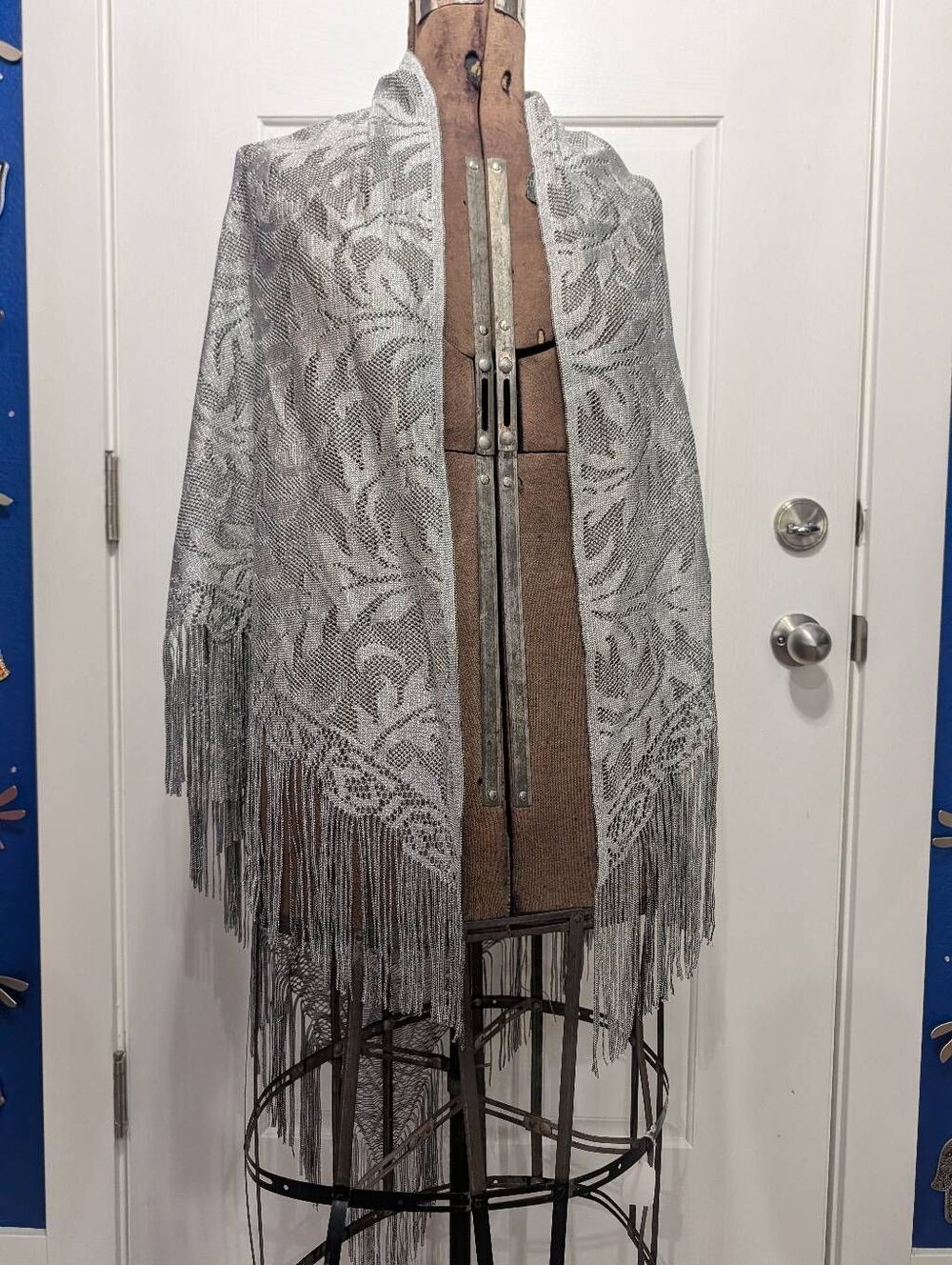 Oversized Silver Floral Damask Reversible Triangle Shawl Wrap Long Fringe Boho